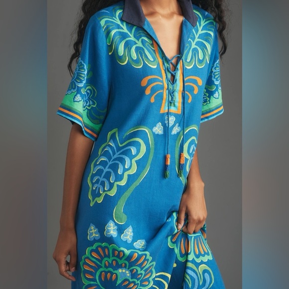 Anthropologie Farm Rio Linen/Viscose Short Sleeve Collared Midi Dress (Small) - Picture 3 of 6